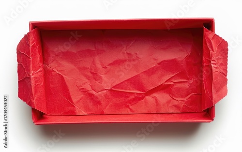 An empty red rectangular box, viewed from above, is lined with crumpled red tissue paper.  The box appears to be made of cardboard