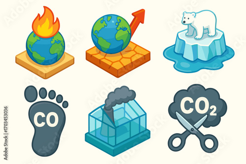Global warming icons: earth, polar bear, carbon footprint, greenhouse, co2 emissions