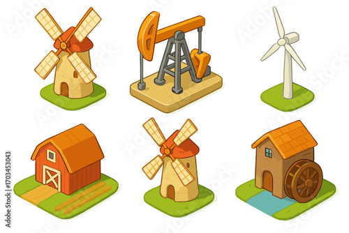 Isometric energy and agriculture icons: windmills, oil pump, wind turbine, barn, watermill