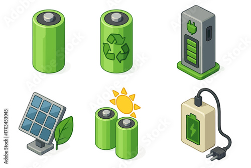 Green energy icons: batteries, solar panel, and eco-friendly charging solutions