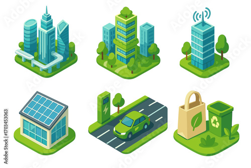 Isometric eco-friendly urban elements featuring green buildings and renewable energy