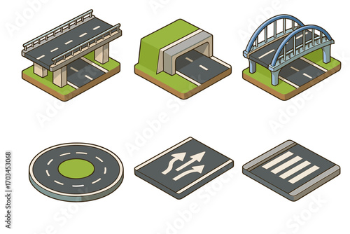 Isometric road elements: bridges, tunnels, roundabouts, and crosswalks