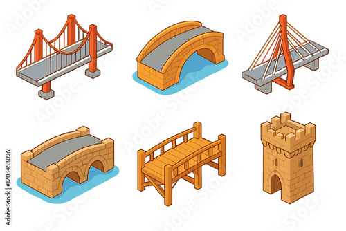Isometric bridge and tower icons set - suspension, arch, tower designs