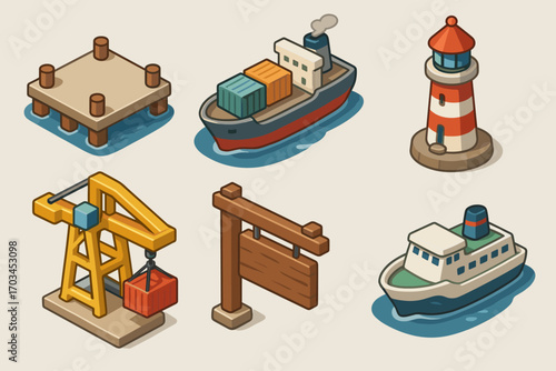 Isometric harbor elements: ships, lighthouse, crane, pier, and sign