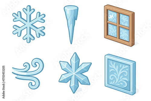 Winter icons: snowflake, icicle, frosty window, cold wind, ice crystal symbols