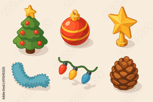 Festive christmas icons: tree, bauble, star, tinsel, lights, pinecone in colorful illustration