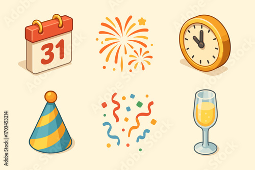 Festive new year's eve celebration icons with calendar, fireworks, and party elements