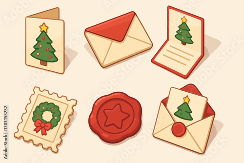 Festive christmas cards and envelopes with tree and wreath designs