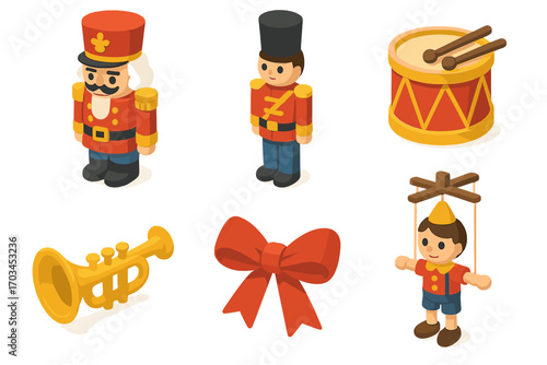 Isometric nutcracker soldier set with drum, trumpet, and puppet