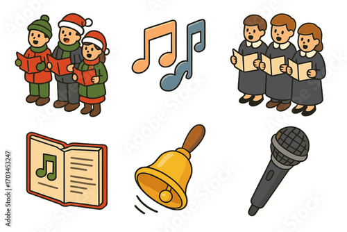 Festive caroling and music: diverse groups singing and instruments
