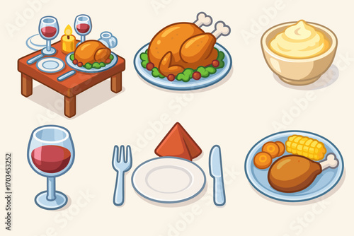 Thanksgiving dinner elements with turkey, wine, mashed potatoes, and table setting