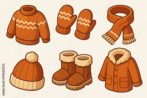 Cozy winter clothing set with sweater, mittens, scarf, beanie, boots, and coat