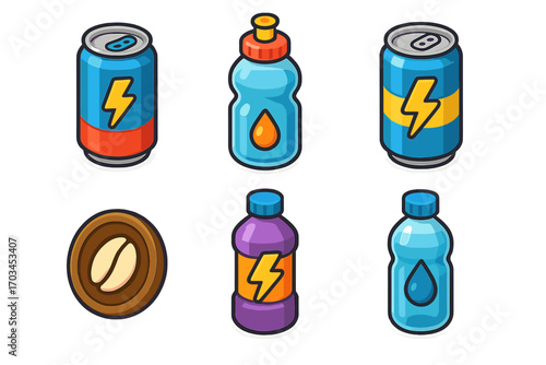 Collection of colorful beverage and energy drink icons with lightning symbols