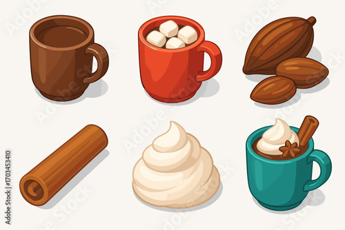 Assorted hot chocolate ingredients with mugs marshmallows cocoa cinnamon and whipped cream