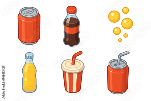 Assorted beverage containers: soda cans and bottles with straws and bubbles