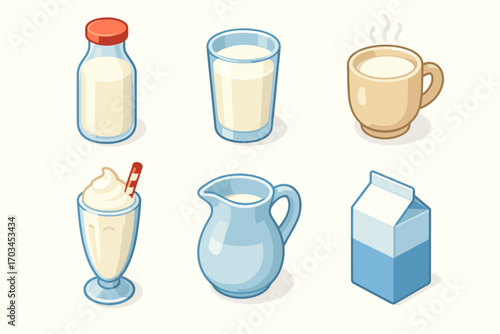 Variety of milk containers and beverages in different glasses and styles