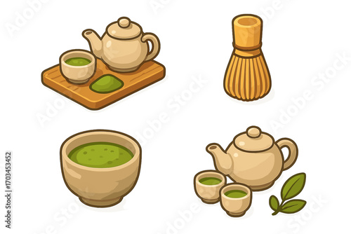 Traditional matcha tea set with teapot, cups, whisk, and wooden board