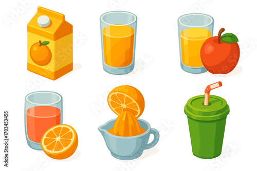 Fresh juice variety with orange carton, glasses, and fruit on white background