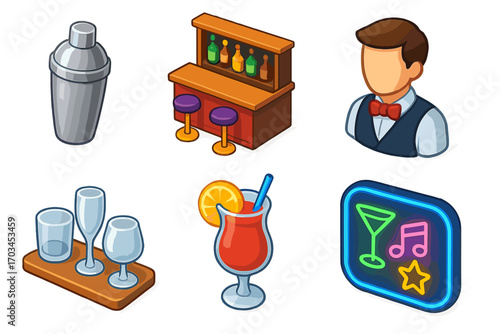 Bar icon collection: cocktail shaker, bar counter, bartender, drink, neon sign