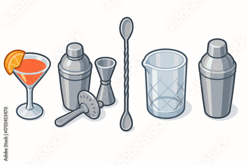 Essential cocktail tools: shaker, jigger, strainer, mixing spoon, and glass