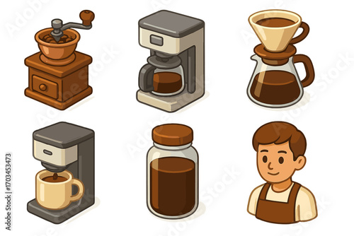 Coffee brewing methods and tools with smiling young caucasian male barista