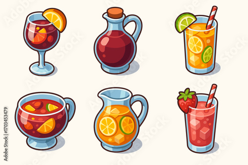 Colorful collection of refreshing fruit-infused beverages in various glasses and pitchers