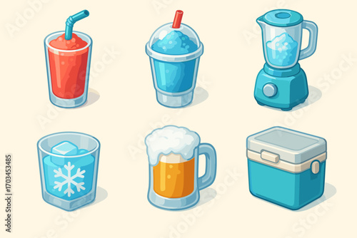 Colorful assortment of refreshing beverages and cooler icons