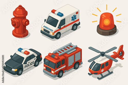 Isometric emergency vehicles set with ambulance, police car, fire truck, helicopter, hydrant, and siren