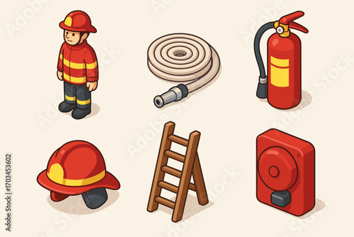 Illustrated firefighting equipment set including firefighter and gear