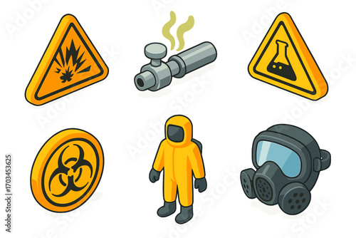 Industrial safety icons: hazardous materials, biohazard suit, gas mask, explosive, chemical, valve
