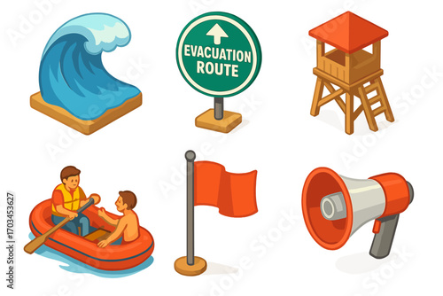 Beach safety icons: lifeguard tower, evacuation route, rowboat, megaphone, wave, flag