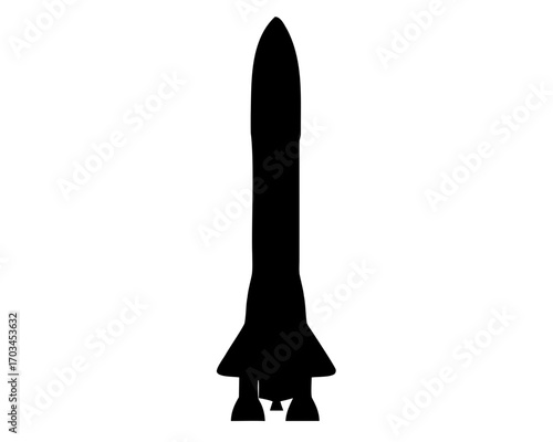 Silhouette of a two stage rocket with boosters and pointed nosecone
