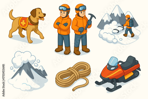 Rescue team: avalanche dog, snowmobile, climbing gear, and rescue workers in mountains