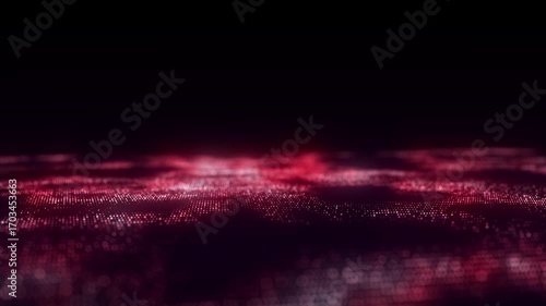 Music color wave of particles and lines. Big data visualization. Abstract red background with a dynamic wave. 3d rendering.
