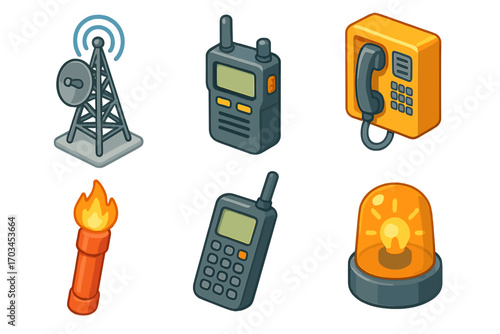 Emergency communication tools set with walkie-talkies and phone icons