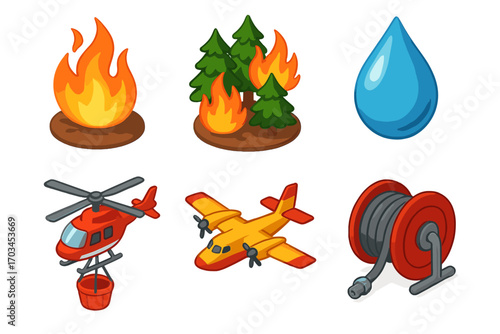 Firefighting icons include fire, trees, water drop, helicopter, plane, hose reel