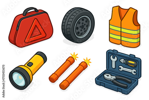 Emergency roadside kit with tire, reflective vest, flashlight, tools, and warning triangle