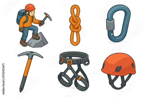 Cartoon climber with gear: helmet, harness, ice axe, carabiner, rope