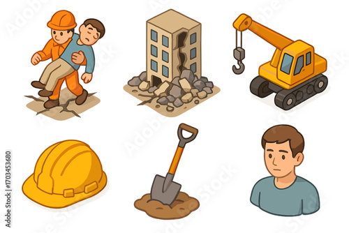 Construction worker safety and building collapse icons