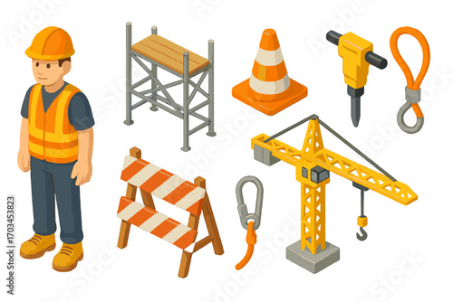 Construction worker and equipment icons: male figure, safety gear, tools, crane, traffic cone, harness
