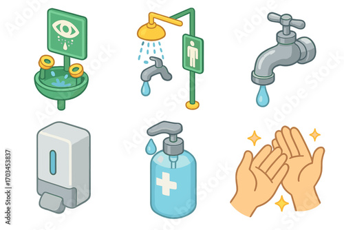 Hygiene and safety icons: handwashing, sanitizing, eyewash, shower, faucet