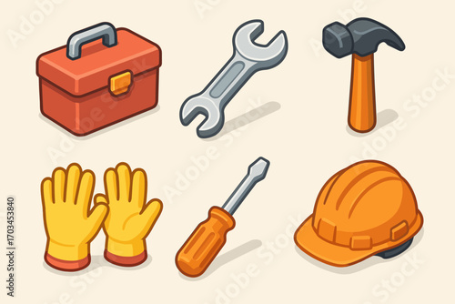Colorful set of cartoon tools with toolbox, wrench, hammer, gloves, screwdriver, and hard hat