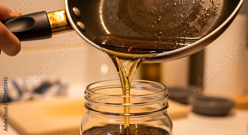 Pouring hot cooking oil from a frying pan into a glass jar.