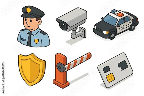 Cartoon police officer and security elements collection - surveillance, shield, barrier, card