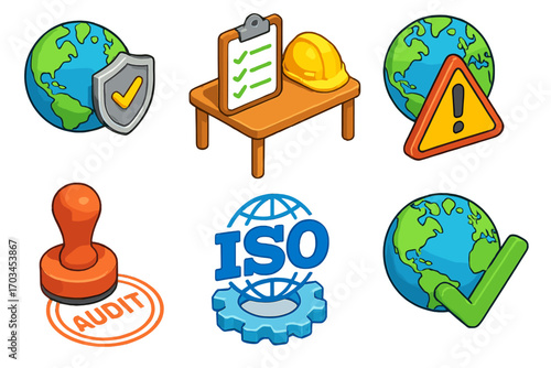 Diverse set of iso certification icons representing compliance and global standards