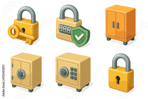 Cartoon lock and safe icons - set of padlocks, keys, safes, security symbols, and cabinets