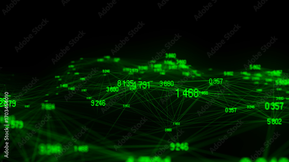 Obraz premium Block chain technology concept. Big data visualization. Artificial intelligence. Green network connection structure. Abstract digital background with matrix. 3d rendering.