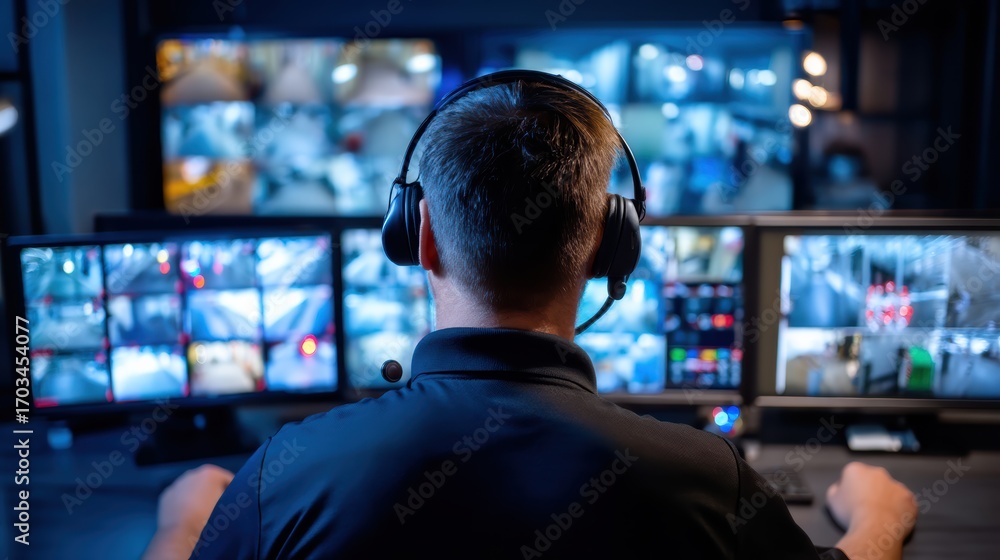 © Alohanongza - A security professional monitors multiple surveillance screens in a control room, wearing a headset and focusing on live video feeds © Alohanongza - A security professional monitors multiple surveillance screens in a control room, wearing a headset and focusing on live video feeds
