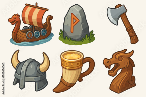 Viking icons: ship, rune stone, axe, helmet, mead horn, dragon carving
