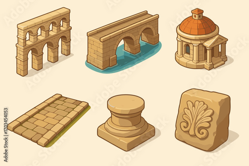 Ancient roman architecture elements collection: arches, bridges, and temples